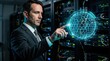 © Blue Rain - It professional interacting with holographic data sphere in server room cybersecurity concept