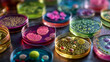 © Muslima - Multiple petri dishes with colorful bacterial and fungal cultures in a scientific laboratory setting.