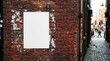 © AspctStyle - Blank vertical poster mockup on weathered red brick wall with torn paper remnants in urban alley for street advertising and design display