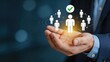 © Jessica - Hand holding holographic network of people icons with checkmark, representing team management, human resources selection, recruitment success, and social connection business