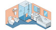 © Nur - Isometric architectural rendering shows a modern bathroom layout complete with a walk-in shower, bathtub, toilet, bidet, and vanity with a mirror.