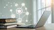 © waragron - Laptop on a desk with stacked books beside it, showing digital education icons connected in a network, symbolizing online learning and knowledge sharing.