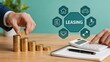 © Noah - Financial planning for leasing services, hand stacking gold coins, calculator and notebook on desk, business investment concept, asset management strategy, rental agreement
