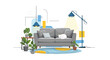 © Norman - Modern living room interior featuring a comfortable grey sofa with a white cat sleeping on a pillow and several house plants.