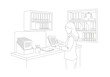 © HeryGnwan - Line art vector illustration of a professional woman standing at an office desk filing legal paperwork and reviewing documents with shelves full of binders and justice scales.