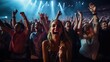 © vlntn - Happy people dancing in front of the stage, music festival.