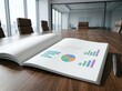 © Yurgentum - An open report displaying various colorful charts lies on a wooden table in a modern boardroom, suggesting a business meeting setting.