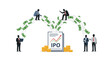 © Farhan - Silhouette figures of investors and business professionals manage an initial public offering with flowing money and gold coin stacks.