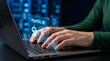 © AucArtStudio - Artificial intelligence agent interface laptop keyboard hand typing. futuristic ai automation technology. digital network system, software assistant workflow