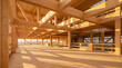 © Rijal - Interior view of modern mass timber building under construction with exposed wooden beams, columns, scaffolding and sunlight shadows