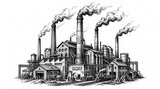 Detailed black‑and‑white factory complex with smokestacks and pipes, symbolizing industrialization, production, and historical manufacturing era of economic and technological development.