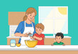 © Cinetra - Mother and two children baking together in a sunny kitchen