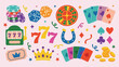 © Geetaroy - casino gambling game, luck and fortune, slot machine seven, lucky horseshoe charm, table game icons, winning strategy pattern, casino night background, hand drawn casinocasino, gambling, game, luck,
