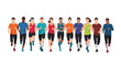 © Fahim - Group of diverse people in colorful sportswear running together on a white background for fitness and health promotion.
