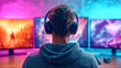 © Сreovibe - Gamer wearing headphones immersed in virtual worlds on multiple monitors