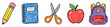 © eclipse - School supplies icons set. Back to school and education concept. Includes pencil, spiral notebook, scissors, apple, backpack. Hand-drawn doodle style