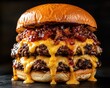 © Micevic family - Double cheeseburger with caramelized onions and melting cheese on a dark background