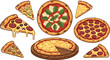 © MstAirin - Hand drawn delicious pizza vector illustration set with pepperoni margarita mushroom slices and whole pizzas isolated on a white background
