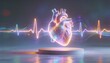 © Future Vision - Floating holographic anatomical heart glowing above circular pedestal in studio, with ECG waveform