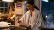 © forenna - Iftar preparation in a family kitchen with a teenager spooning harira soup into decorative ceramic bowls, rose water and vermicelli dessert cooling on the counter, Ramadan
