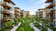 © horizon - Contemporary residential apartment buildings with glass balconies and wood accents feature a lush green courtyard beneath a clear morning blue sky.
