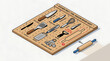 © Jes - A wooden board displays various kitchen utensils and a rolling pin on a surface.