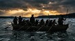 © Vitalii But - Reenactors depict George Washington crossing Delaware River in wooden boat through icy water at dramatic dawn.