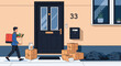 © Amlie - Delivery person carrying groceries while arriving at a front door surrounded by many cardboard boxes and packages.