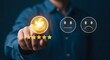© Rashed - Businessman pointing at smiley face icon with five star rating for customer satisfaction and feedback concept