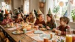 © mashimara - Children celebrating a birthday party with cake and colorful decorations at a wooden table