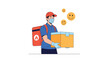 © Muqtadir - Delivery worker wearing a face mask and protective gloves carries a large cardboard package with a heat insulated backpack for food service.