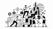 © berak - A black and white illustration of people working together to build a city