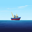 © SyedIstaqbal - Buoyant steel hull vessel with mechanical hoisting arm floating on a fluid saline surface under a light blue atmosphere