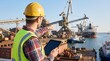 © CuteBee - Engineer in yellow hard hat holding tablet and pointing towards industrial port machinery and cargo ship in background for maritime logistics and freight planning