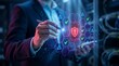 © CuteBee - Professional businessman writing on digital interface with glowing security shield and warning icons representing cyber threat detection and network vulnerability assessment in server room
