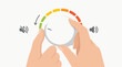 © muhammad - Professional flat vector illustration of a hand turning down a volume dial to reduce noise and stress, representing mindfulness, peace of mind, silence, and emotional control in a modern style.