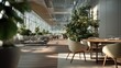 © ประหยัด พลพวก - Modern Office Oasis: Sunlight streams through expansive windows, illuminating a contemporary office lounge filled with lush greenery, comfortable seating, and sleek furniture.