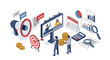 © Cerys - Isometric advertising and marketing campaign concept featuring megaphone billboard financial charts and professional team working together.