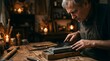 © Jaroed - Mature man sharpening a steel knife on a whetstone in a rustic workshop