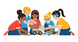 © Affan - Diverse Group of Children Collaborating on a Robotics Project, Building a STEM Toy Robot Together, Education and Technology Illustration