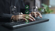 © Pakin - Business performance checklist for form approval concept. Person typing keyboard with approval and performance tracking icons, workflow verification, KPI monitoring and business process management.