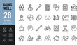 © Jason - Aging well and healthy senior lifestyle line icon set. Elderly care, retirement, healthcare, pension, fitness, medical assistance, mobility, and social activity minimal vector signs. Editable Stroke.