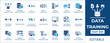 © FlatCore Studio - Data training icon set featuring machine learning dataset preparation, artificial intelligence neural network processing, data ingestion, image labeling, and model analytics.