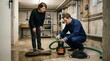 © Konstantin - Professional plumber repairing flooded basement with water pump. Homeowner observing technician fixing drainage issue
