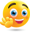 © Usama Zahoor - Cute 3D Yellow Emoji Face with Blue Eyes Showing OK Hand Gesture and Big Happy Smile Flat Vector Illustration