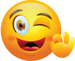 © Usama Zahoor - Cute 3D Yellow Emoji Face Winking with Open Mouth Big Smile and Showing OK Hand Gesture Flat Vector Illustration