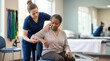 © Sali - Physical therapist assisting elderly woman with arm exercises in a clinic. Senior African American patient receiving rehabilitation treatment. Healthcare and recovery support for seniors