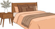 © Sheikh - Cozy bedroom interior illustration with bed, pillows, blanket, wooden nightstand, vase decor, warm earthy vector artwork