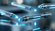 © Nataliya - Three holographic pens floating above a reflective surface emitting a blue glow, futuristic writing tools and technology concept, defocused, with copy space
