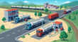 © croc - Industrial landscape with trucks and trains at a refueling station and depot.